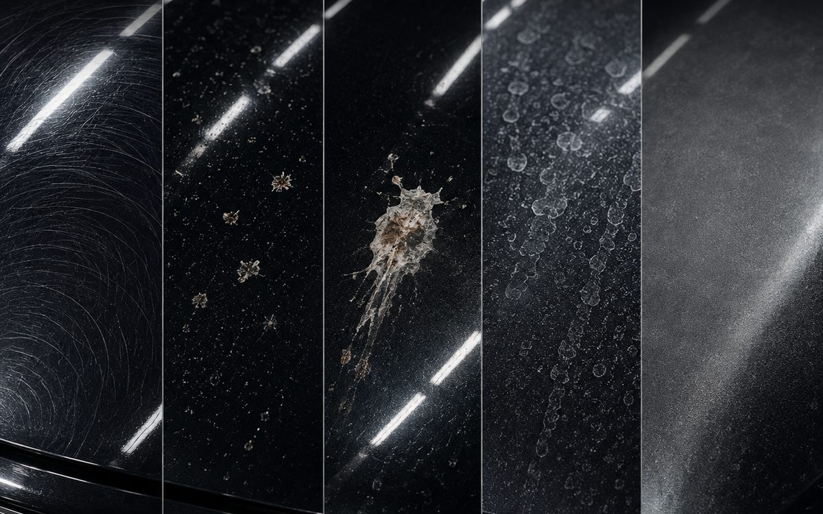 Capotă împărțită în cinci fâșii, fiecare cu alt tip de deteriorare: urme circulare de perie, resturi de insecte, găinaț, sare de iarnă și culoare decolorată de soare