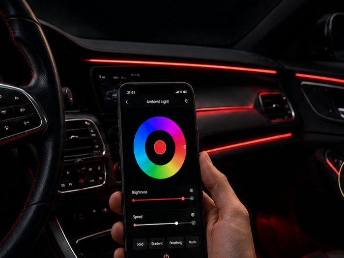 Telefon cu selector circular de culori în fața unui bord auto iluminat în roșu