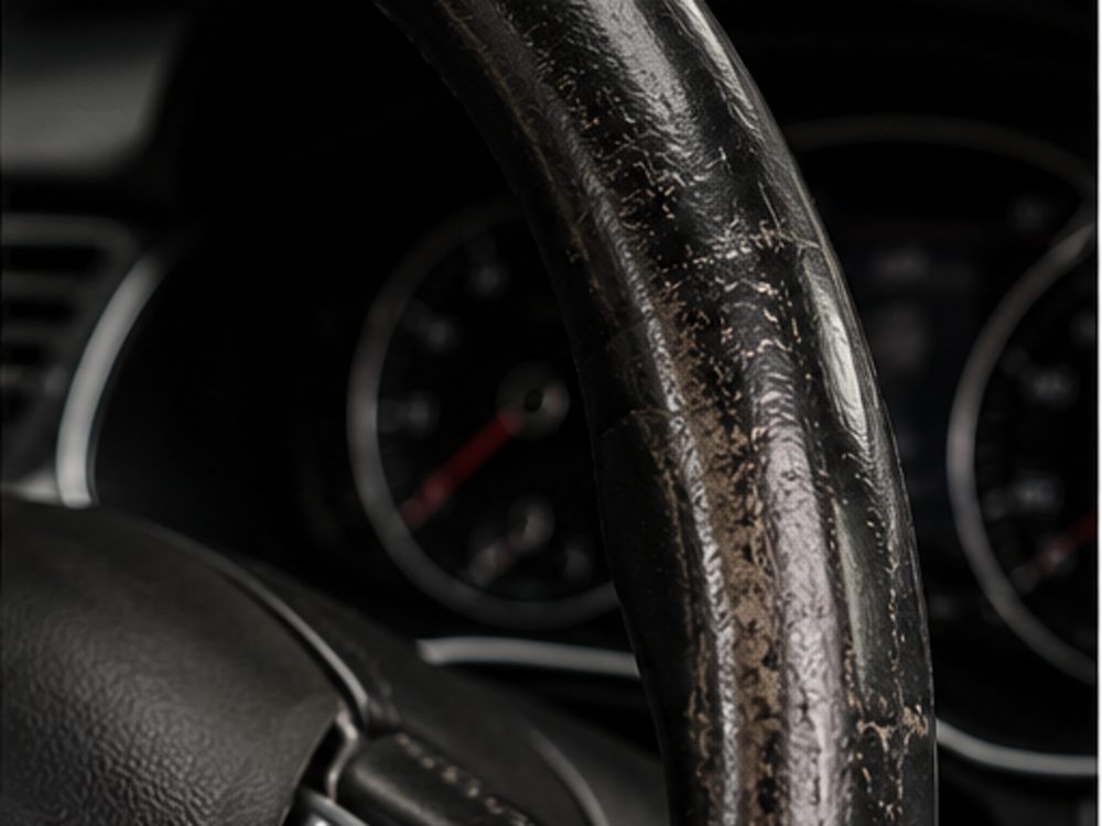 Volan auto negru cu pielea lucioasă, tocită și exfoliată pe marginea superioară